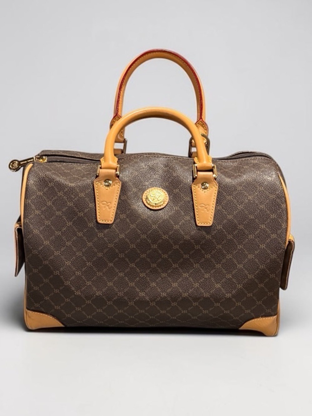 Rioni Moda Italia Boston Handbag Satchel Large Coated Canvas Zip Top Purse